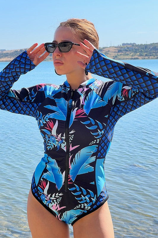 Leaf Printed Long Sleeve Half Zip UPF50 Rash Guard - Tigbul's Variety Fashion Shop