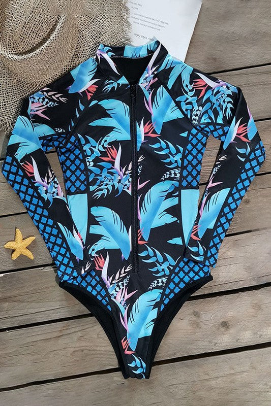 Leaf Printed Long Sleeve Half Zip UPF50 Rash Guard - Tigbul's Variety Fashion Shop