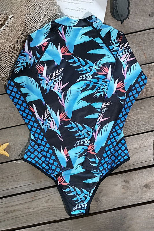 Leaf Printed Long Sleeve Half Zip UPF50 Rash Guard - Tigbul's Variety Fashion Shop