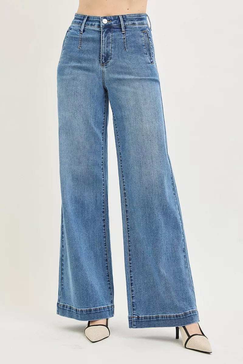 Medium wash high-rise wide-leg jeans, front button and belt loops