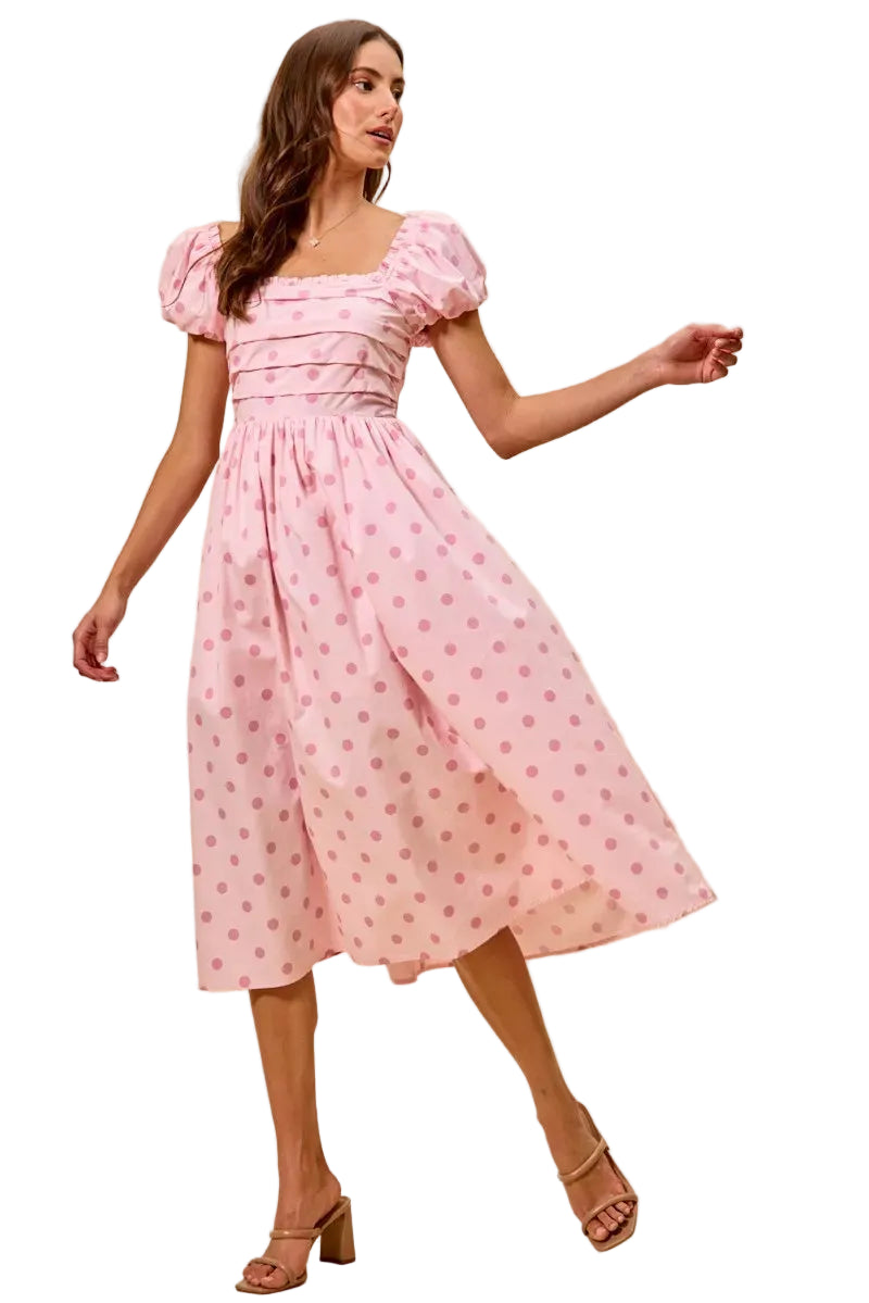 Pink cotton polka-dot midi dress with puff short sleeves and square neckline