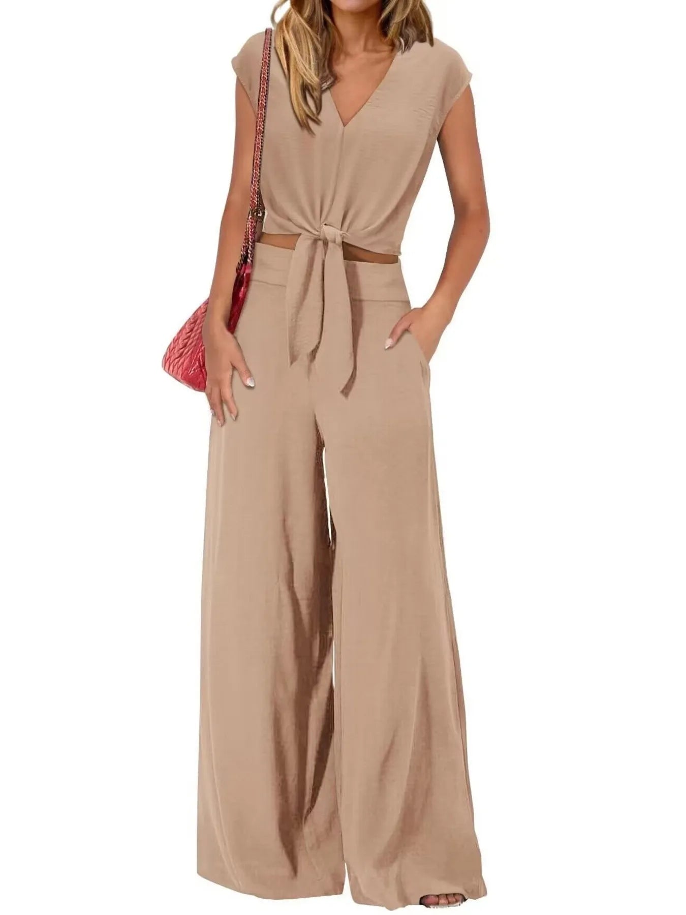 Tie Front Top and Wide Leg Pants Set - Tigbul's Variety Fashion Shop