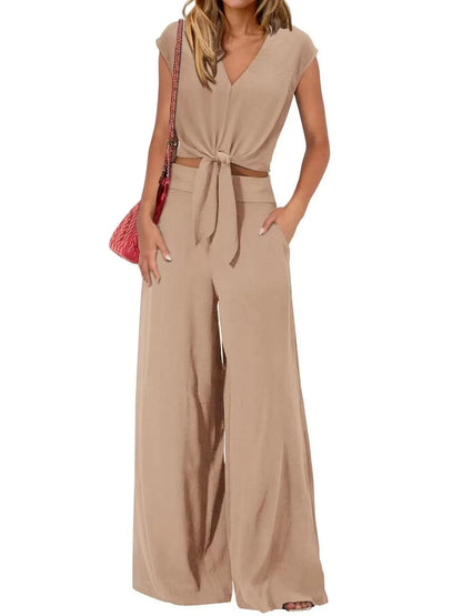 Tie Front Top and Wide Leg Pants Set - Tigbul's Variety Fashion Shop
