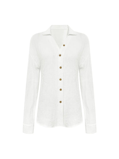 Texture Button Down Side Slit Long Sleeve Shirt - Tigbul's Variety Fashion Shop
