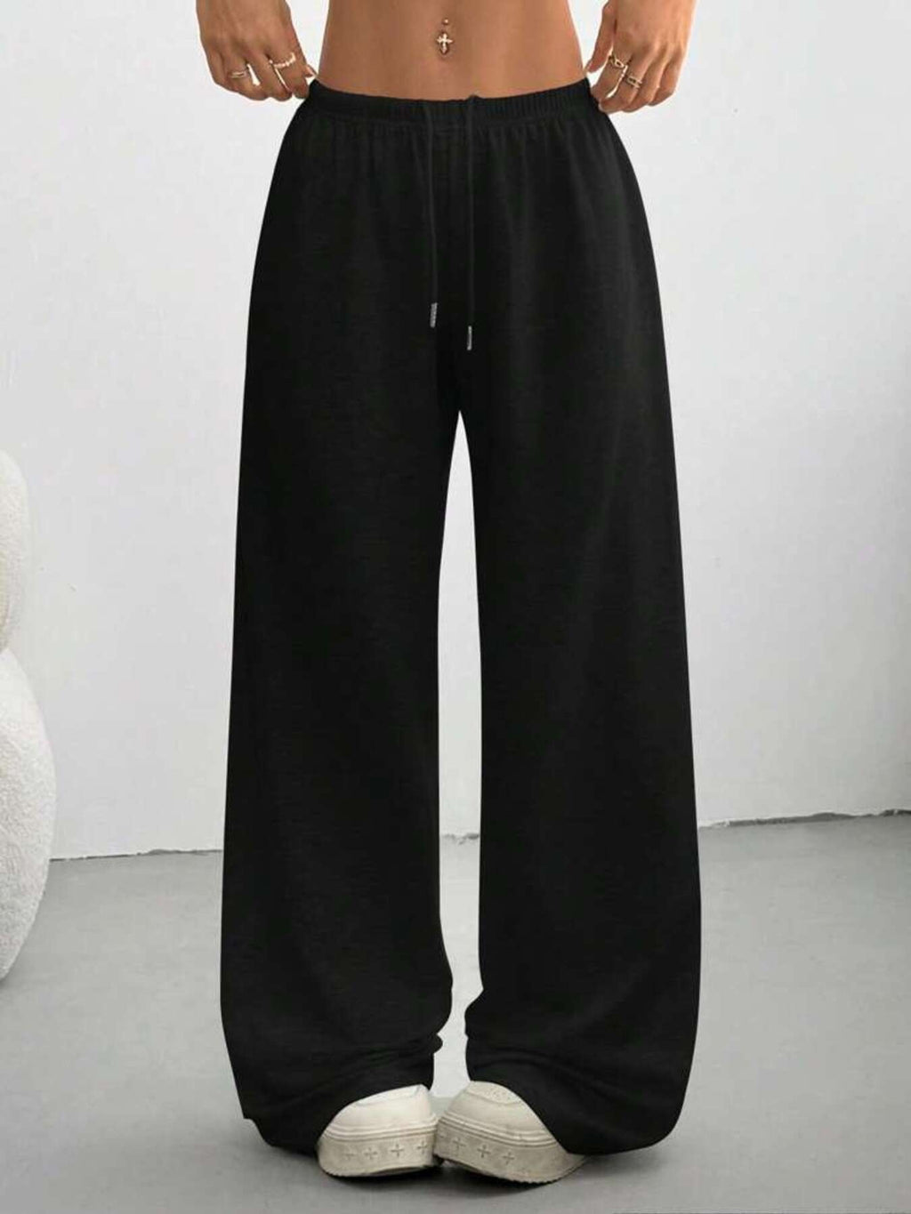 Black Relaxed Fit Drawstring Pants, wide legs with elastic waist and drawstring ties