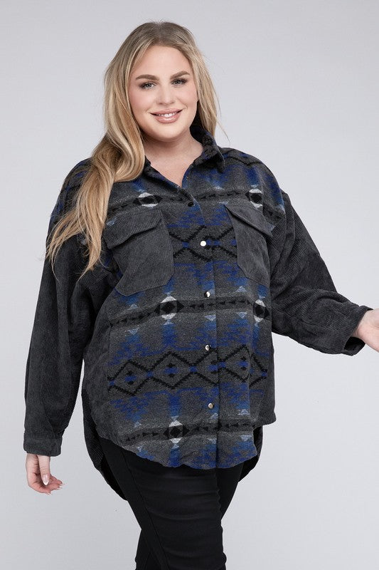 Plus Printed Button Down Long Sleeve Jacket - Tigbul's Variety Fashion Shop