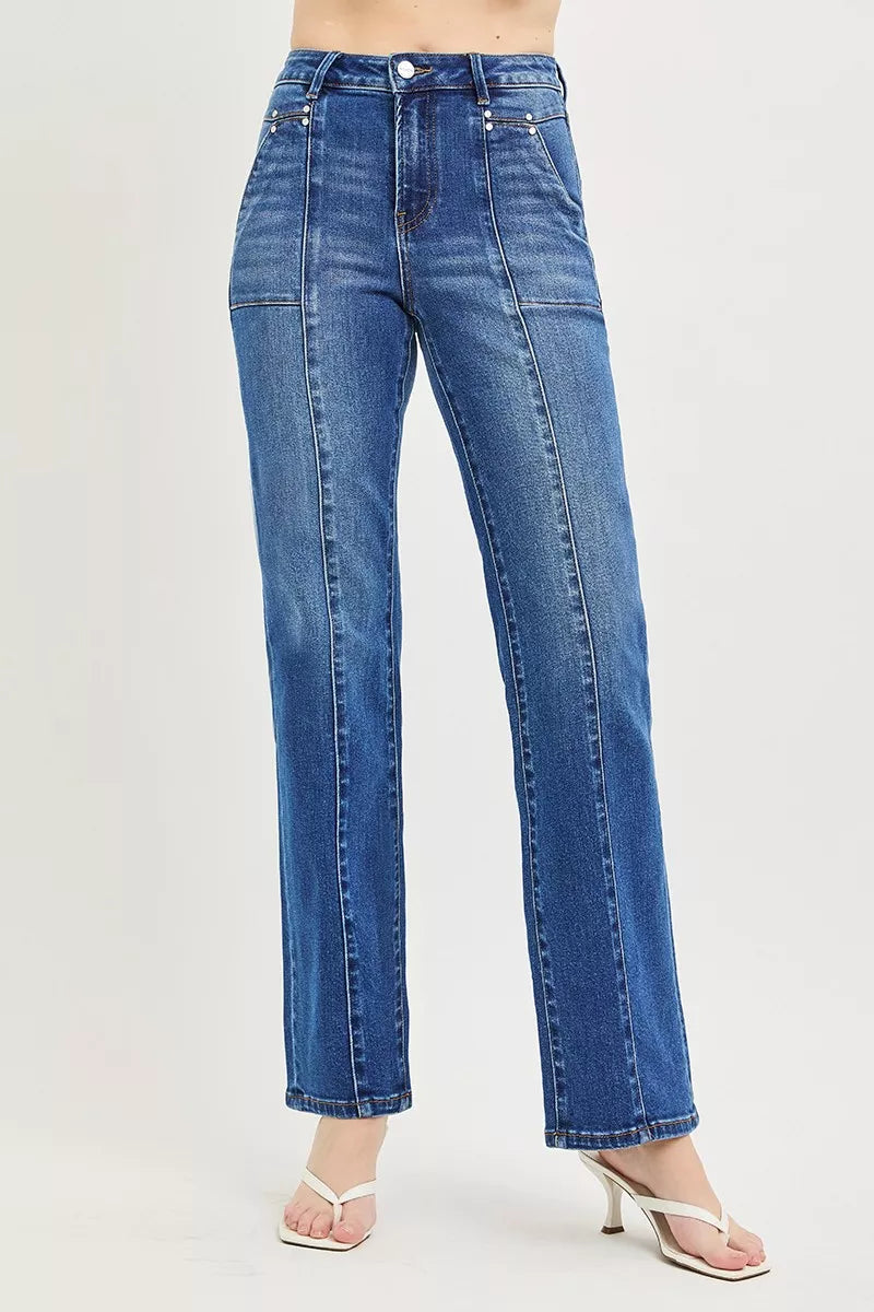 Dark denim straight jeans, high-rise waist, belt loops and side seam detailing