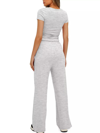 Round Neck Short Sleeve T-Shirt and Pants Set - Tigbul's Variety Fashion Shop