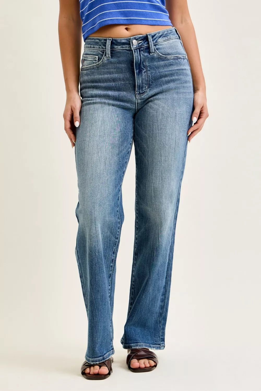 Judy Blue mid-rise 90s straight jeans, medium wash, button-zip waist detail