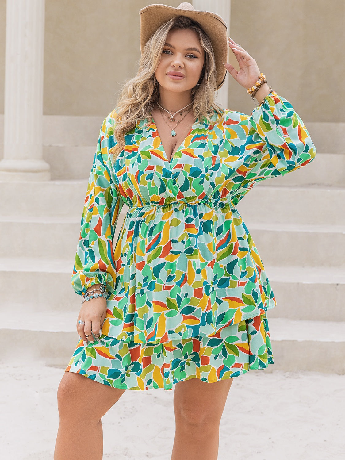 Plus Size Printed Surplice Long Sleeve Mini Dress - Tigbul's Variety Fashion Shop