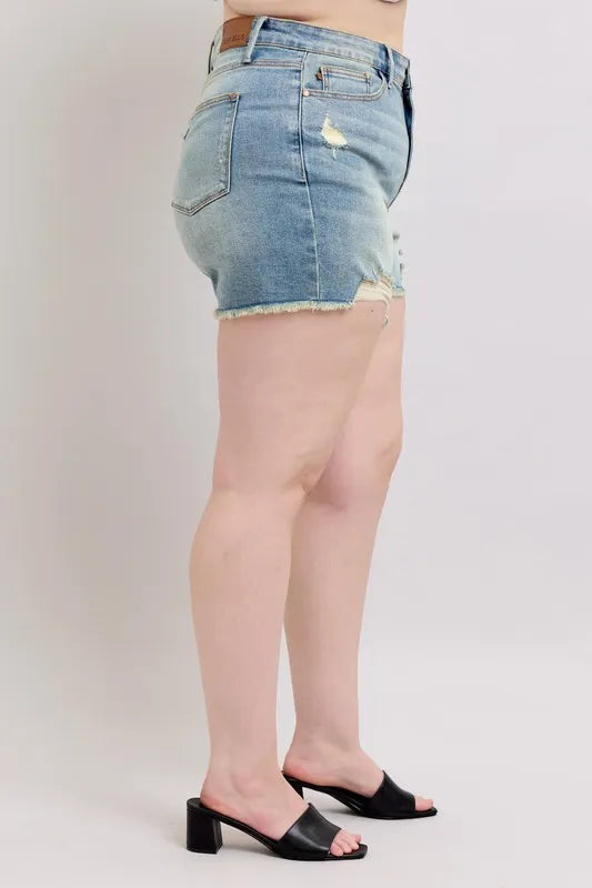 Judy Blue Plus Size High Rise Washed Fly Stitch Detail and Destroy Denim Shorts - Tigbul's Variety Fashion Shop
