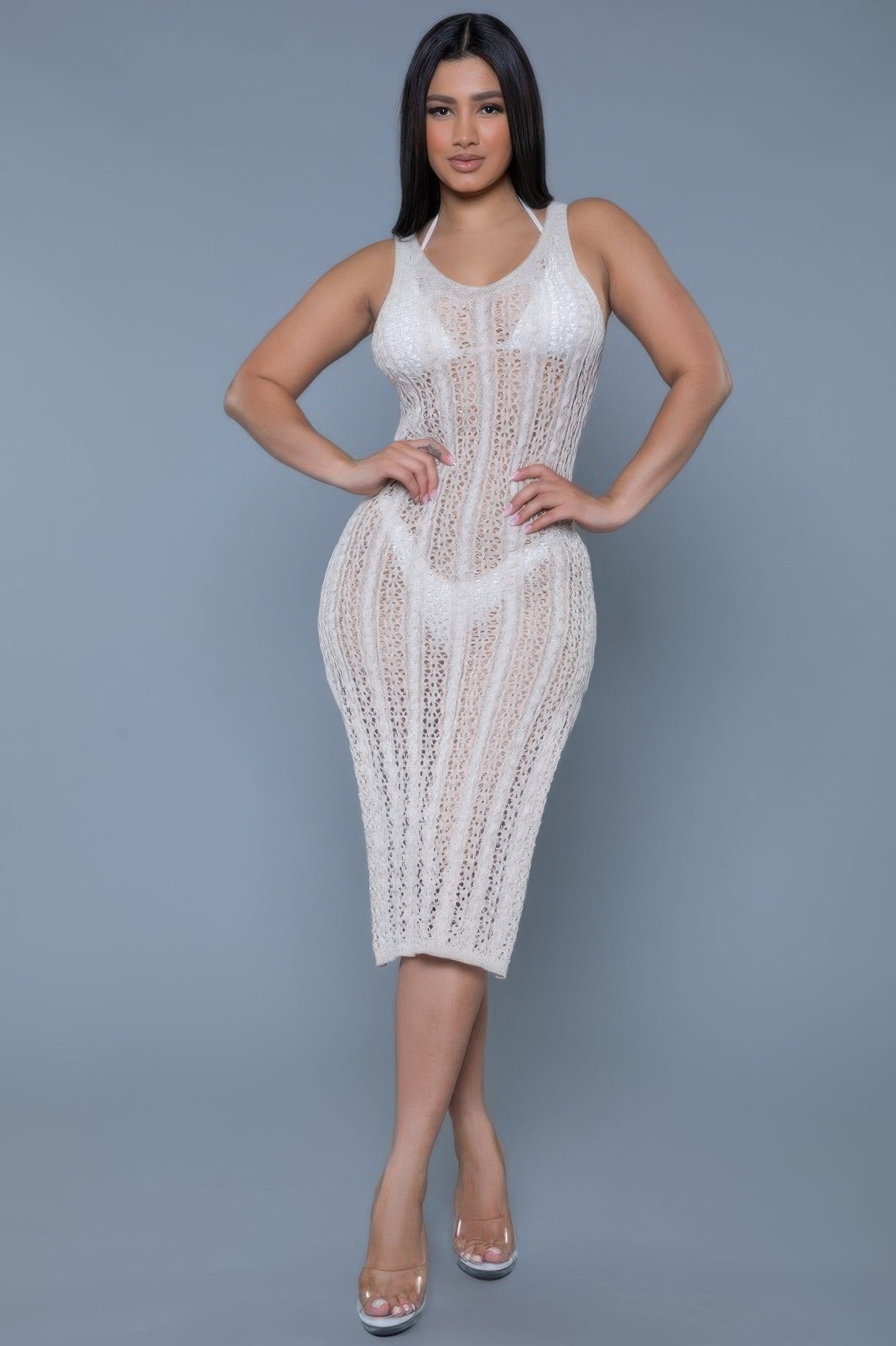 2406 Delilah sleeveless knit dress, cream/nude, straight midi with vertical openwork