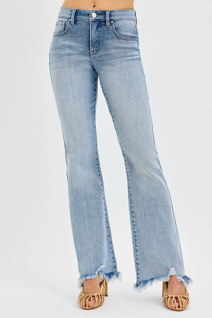 RISEN Full Size Tummy Control Mid Rise Flare Jeans with Fray Hem Detailed Plus Size - Tigbul's Variety Fashion Shop
