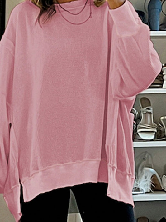Cotton Waffle Bishop Split Oversized Pullover - Tigbul's Variety Fashion Shop