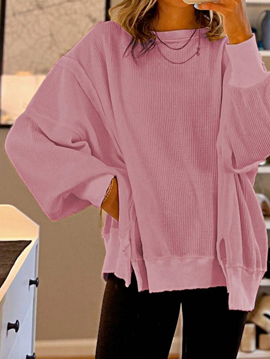 Cotton Waffle Bishop Split Oversized Pullover - Tigbul's Variety Fashion Shop