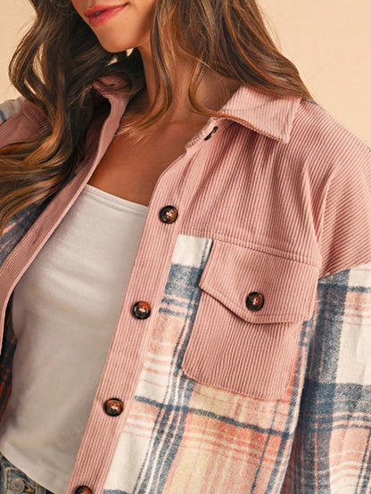 Plaid Corduroy Patch Pocket Loose Shacket Shirt - Tigbul's Variety Fashion Shop