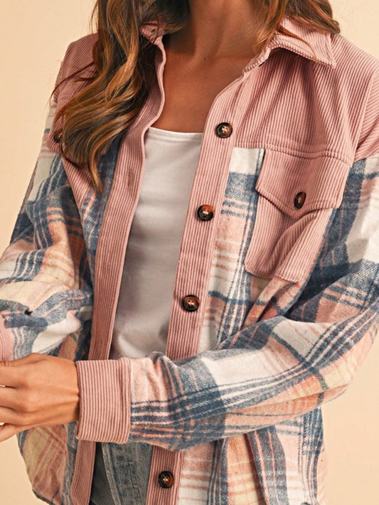 Plaid Corduroy Patch Pocket Loose Shacket Shirt - Tigbul's Variety Fashion Shop