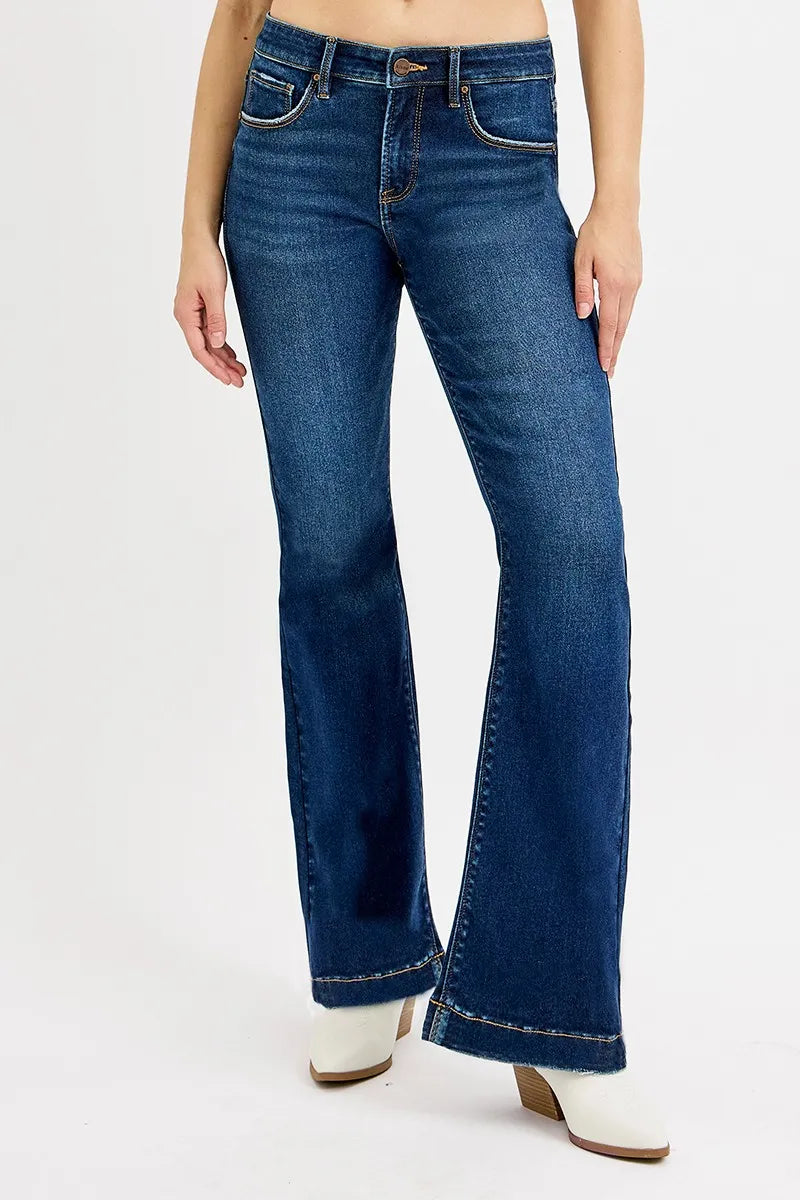 RISEN Full SIze Tummy Control Mid Rise Flare Jeans Plus SIze - Tigbul's Variety Fashion Shop