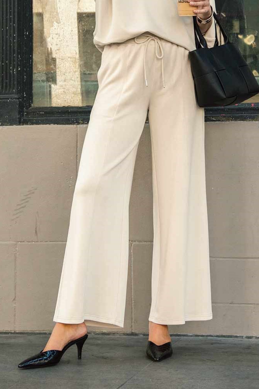 Ecru Drawstring Wide Leg Pants with Pockets - Tigbul's Variety Fashion Shop