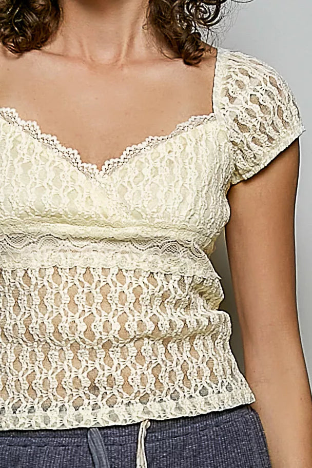 POL Sweetheart Neck Lace Short Sleeve Top - Tigbul's Variety Fashion Shop