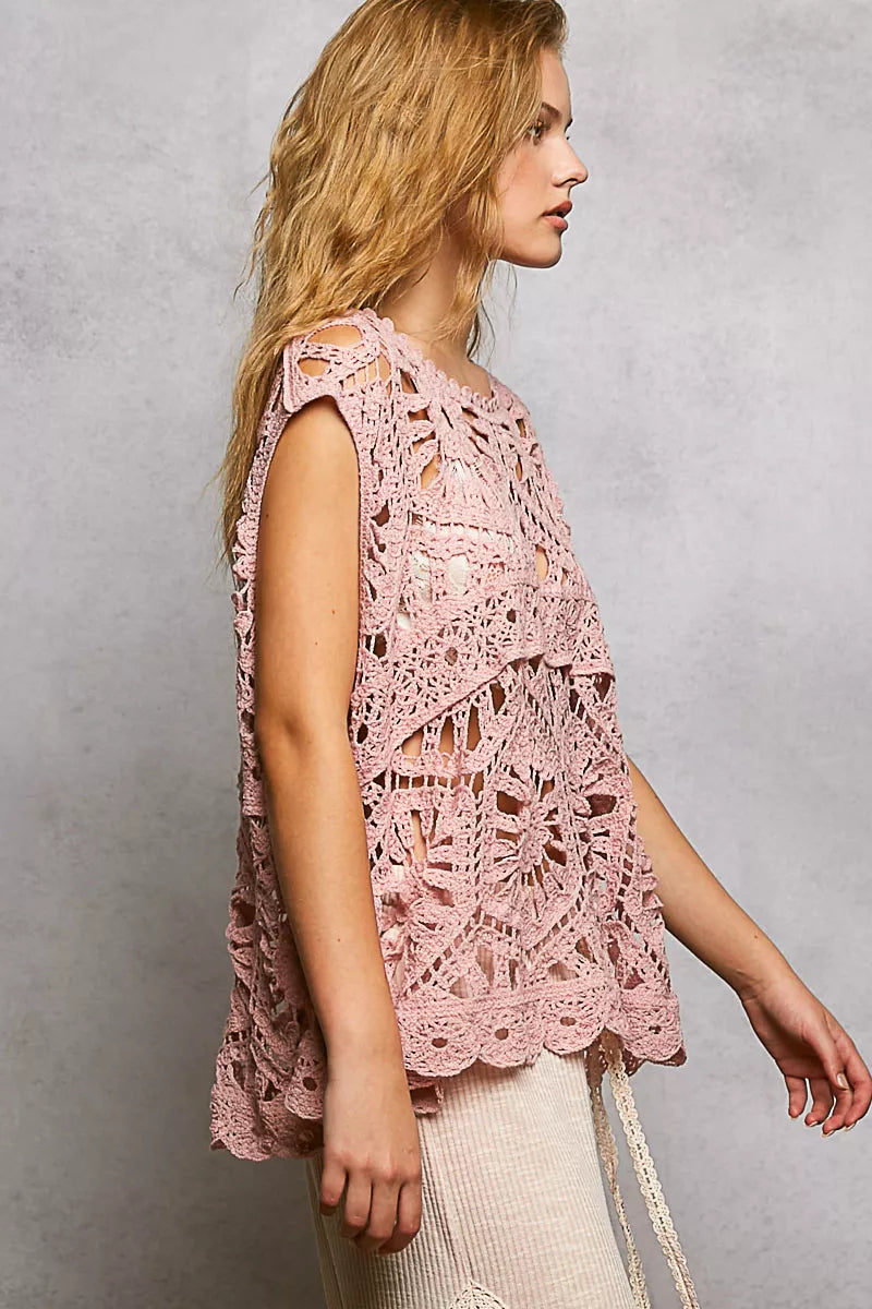 POL Openwork Round Neck Floral Crochet Tank - Tigbul's Variety Fashion Shop