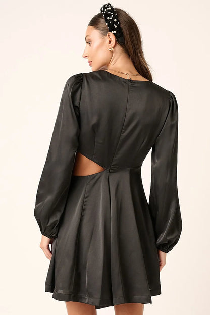 Black Satin Side Cutout Detail Mini Dress - Tigbul's Variety Fashion Shop