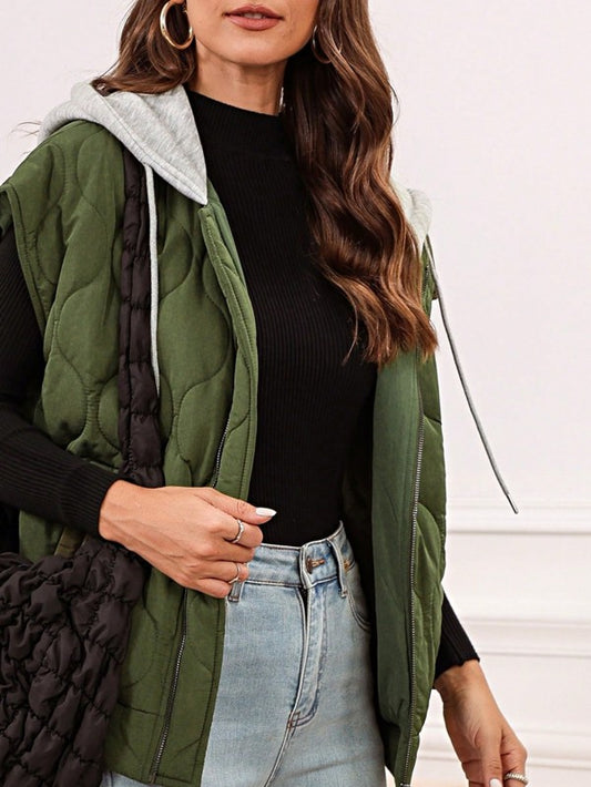 Oversized Drawstring Hooded Zip Up Puffer Vest - Tigbul's Variety Fashion Shop