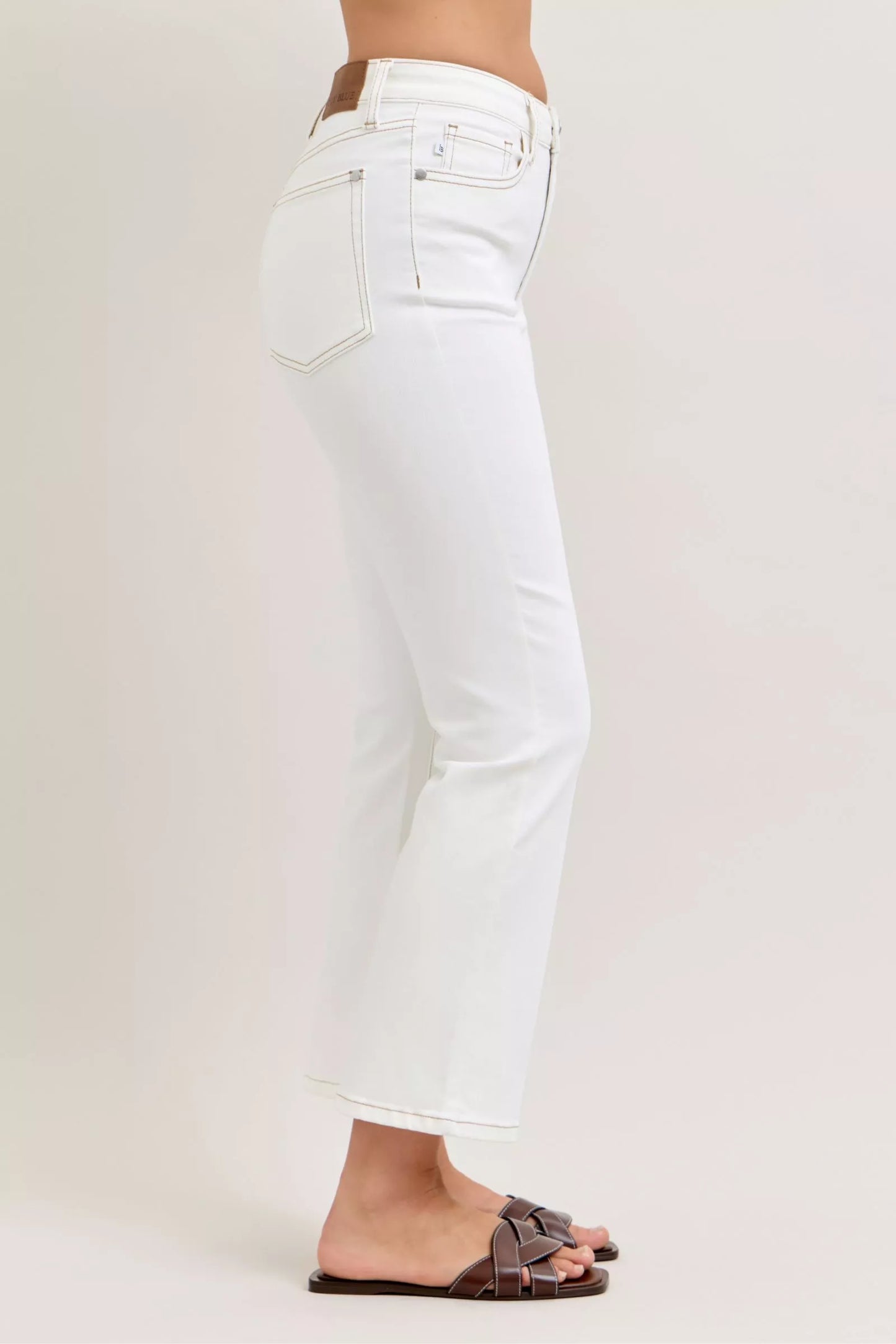 Judy Blue Contrast Stitching Cropped Flare White Jeans | Tigbuls