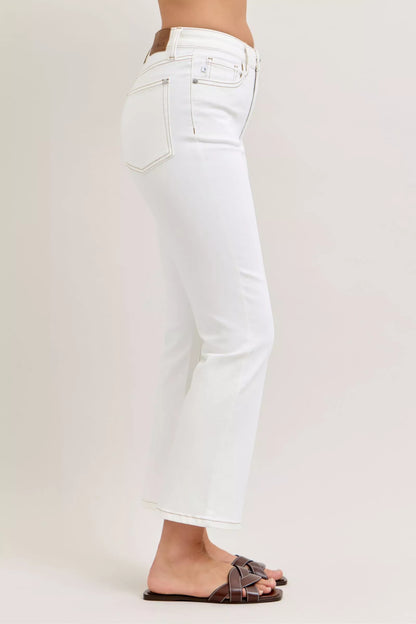 Judy Blue Contrast Stitching Cropped Flare White Jeans | Tigbuls