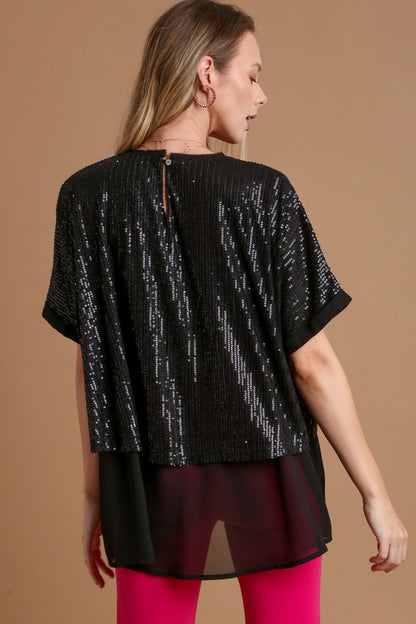 Umgee Sequin Half Sleeve Layered Blouse - Tigbul's Variety Fashion Shop