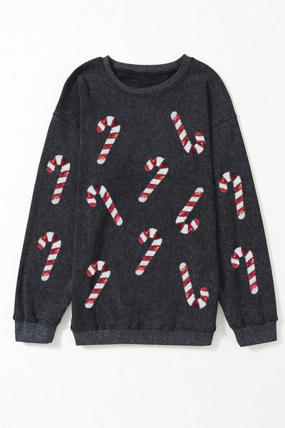 Sequin Candy Cane Round Neck Sweatshirt - Tigbul's Variety Fashion Shop