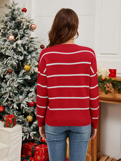 Sequin Santa Striped Round Neck Long Sleeve Sweater - Tigbul's Variety Fashion Shop