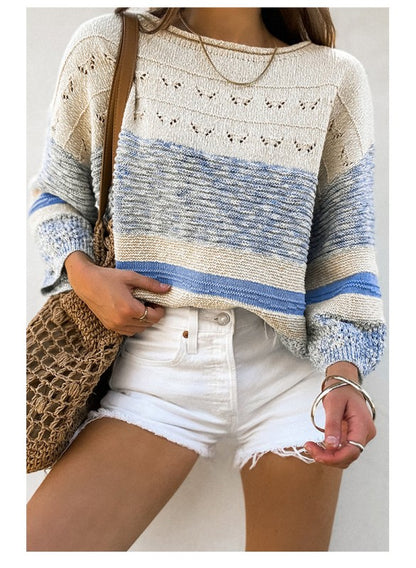 Light Blue Open Stitch Puff Sleeve Sweater - Tigbul's Variety Fashion Shop