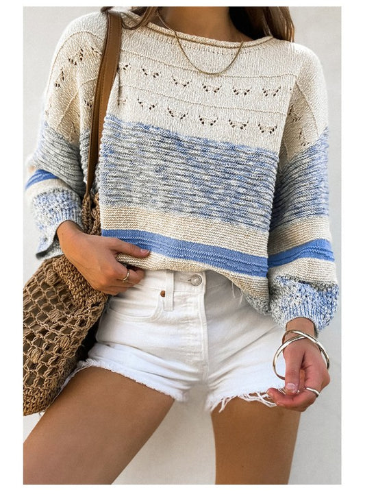 Light Blue Open Stitch Puff Sleeve Sweater - Tigbul's Variety Fashion Shop