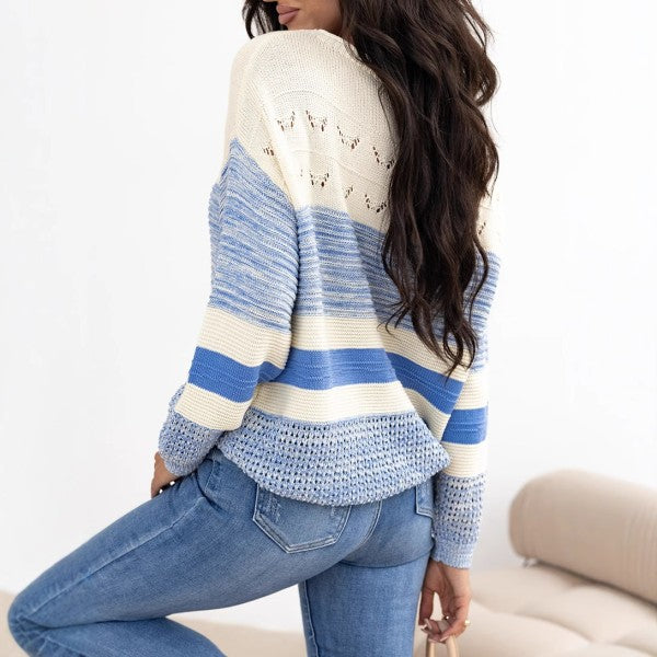 Light Blue Open Stitch Puff Sleeve Sweater - Tigbul's Variety Fashion Shop