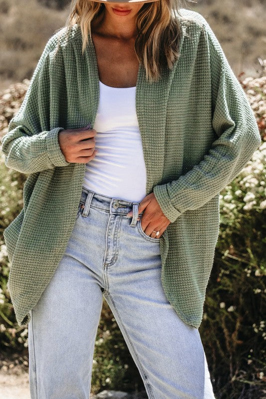 Laurel Green Waffle Knit Open Front Cardigan - Tigbul's Variety Fashion Shop