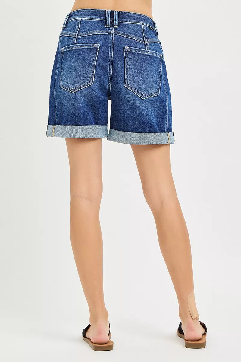 High rise roll-up denim shorts, dark blue wash, back pockets and rolled hem