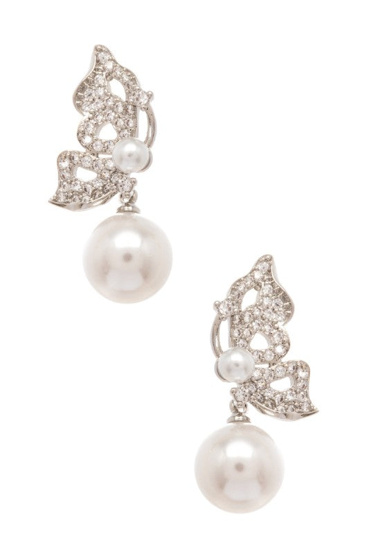 CZ Butterfly Pearl Drop Earrings - Tigbul's Variety Fashion Shop