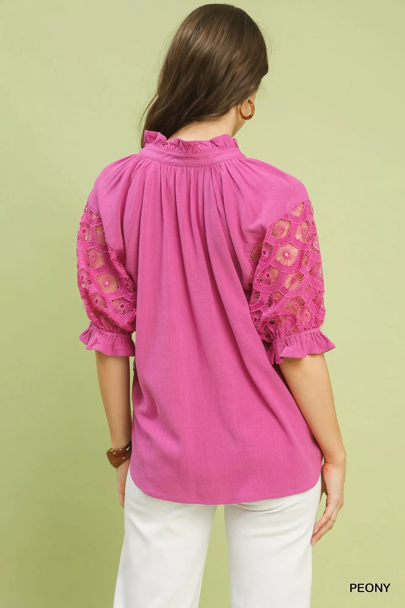 Back view: PEONY pink linen blouse with yoke pleats and lace puff sleeves