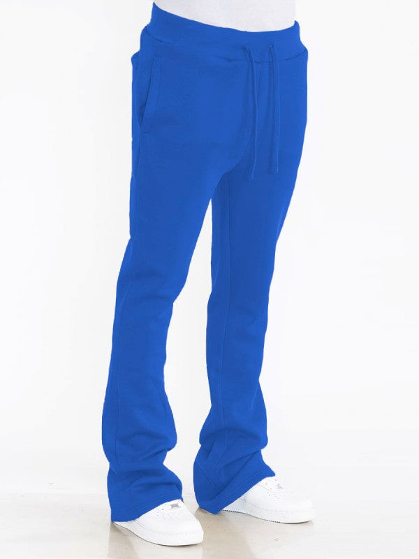Men's solid royal blue track pants, drawstring waist, flare legs