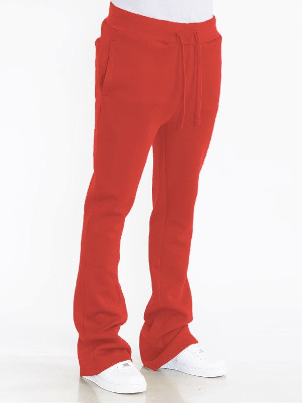 Men's solid red track pants, drawstring waist, stacked flare hem
