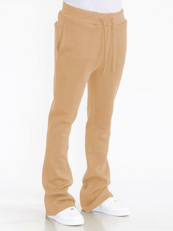 Men's solid sand track pants, drawstring waist, flare hem (side view)