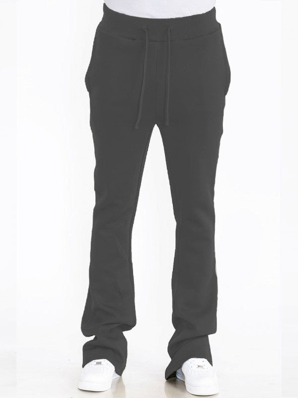 Men's solid black track pants, drawstring waist, flare hem (side view)