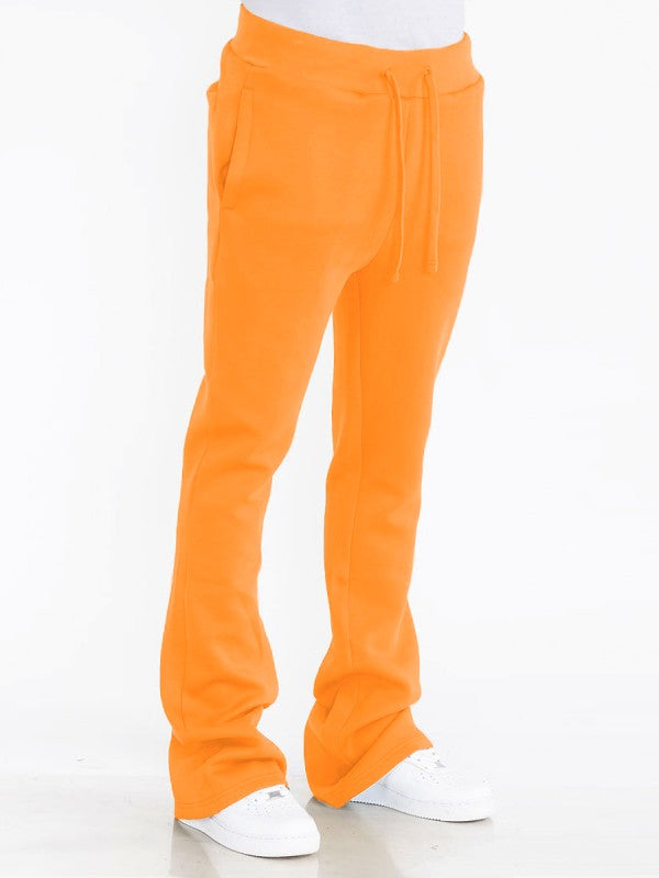 Solid orange track pants, stacked flare cuffs, drawstring waist, side pockets