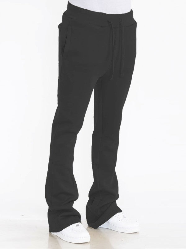Men's solid black track pants, drawstring waist, stacked flare legs