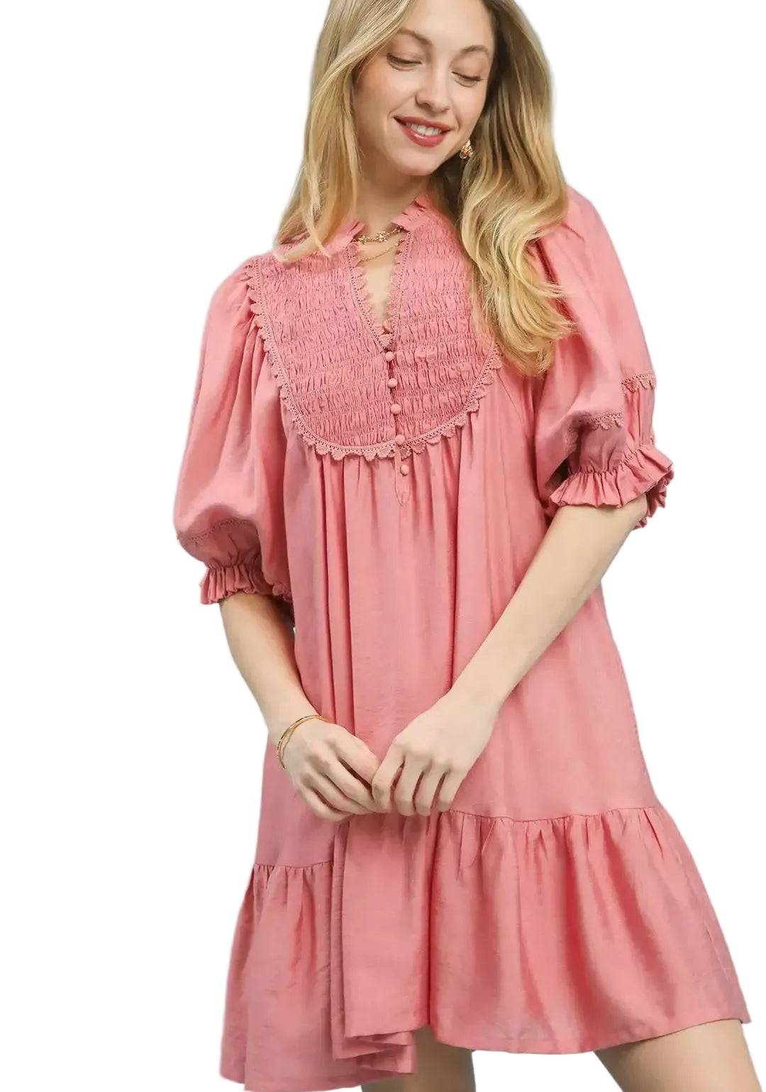 Smocked bib babydoll dress in BLUSH with ruffle hem and button front