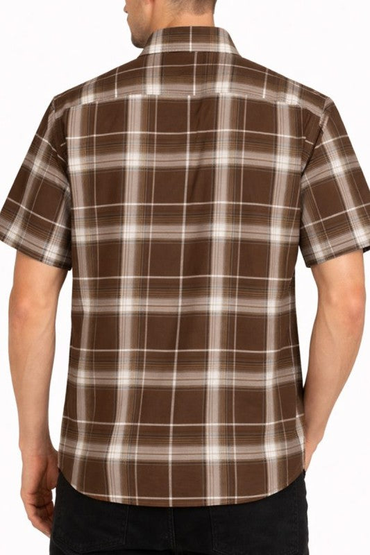 Men's short-sleeve plaid button-down shirt, brown and white checks, back view