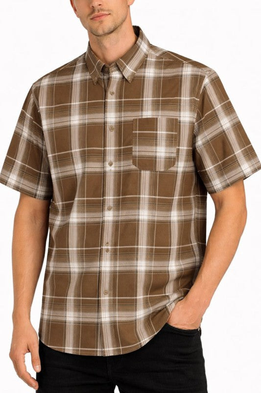 Men's short-sleeve plaid button-down shirt, brown with white checks and chest pocket