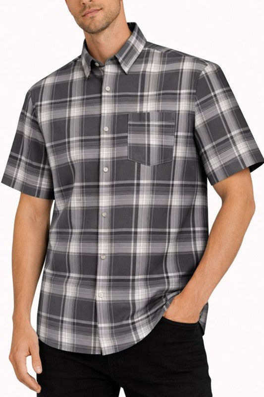 Men's short-sleeve plaid button-down shirt, dark grey with white checks and chest pocket