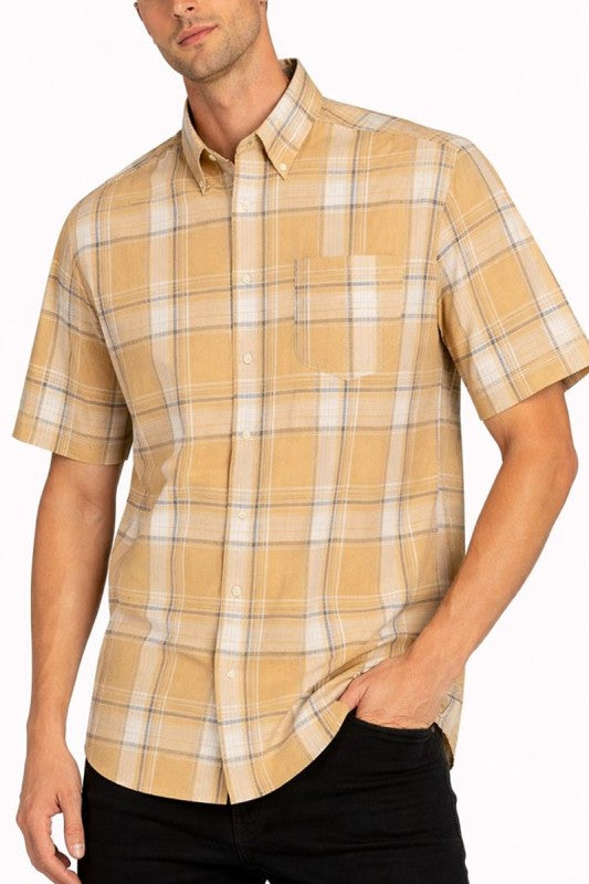Men's short-sleeve plaid button-down shirt, tan with light plaid checks and chest buttons